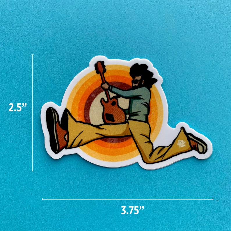 May include: A sticker of a cartoon person playing a guitar, jumping in the air, with a retro-style background of concentric circles in orange, yellow, and brown. The sticker is 3.75 inches wide and 2.5 inches tall.