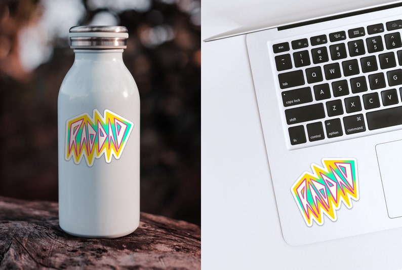 May include: A white stainless steel water bottle with a colorful "RAD DAD" sticker on the side. The sticker is in a retro 80s style with pink, blue, and yellow colors.