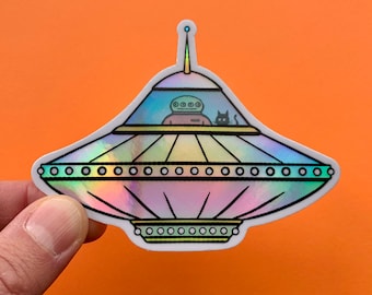 Cat in a Spaceship Holographic Vinyl Sticker, Best Friend Gift, MacBook Sticker, Laptop Sticker, Water Bottle Sticker