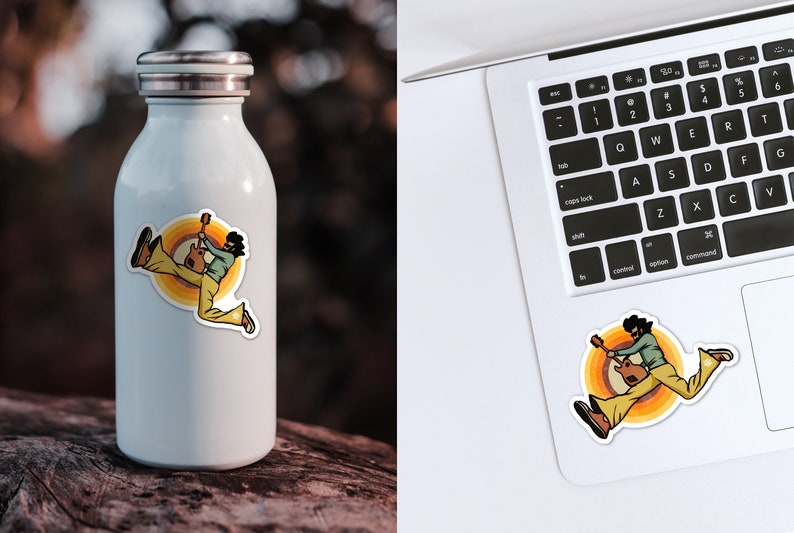 May include: A sticker featuring a retro illustration of a person playing a guitar with a colorful background.
