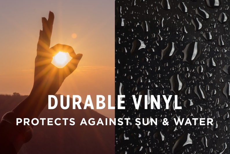 May include: A hand makes an OK sign with the sun shining through the opening of the fingers. The text reads "DURABLE VINYL PROTECTS AGAINST SUN & WATER". The image on the right shows water droplets on a black surface.
