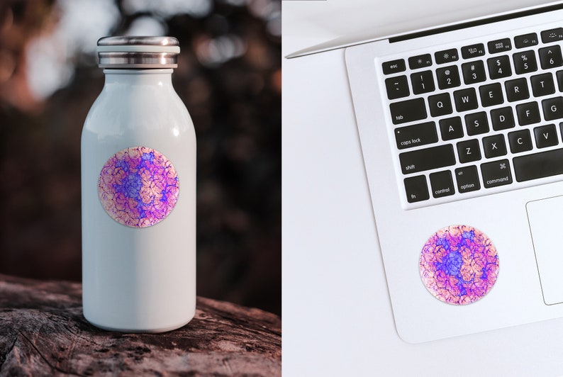 May include: A white stainless steel water bottle with a pink and blue circular sticker featuring a swirling abstract design.