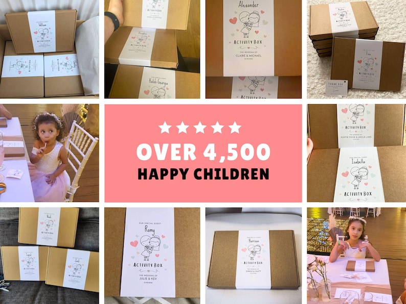 May include: A collection of brown cardboard activity boxes featuring white paper bands with a cartoon illustration of a couple, pink hearts, and the text Activity Box. The boxes are shown in various settings, including at a wedding event.