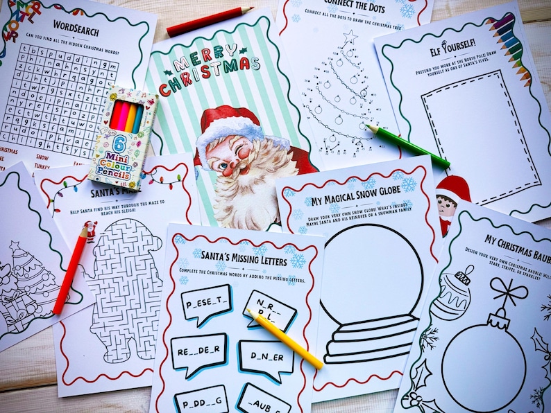May include: A collection of Christmas-themed activity sheets, including a word search, connect-the-dots, and maze. A box of six mini colored pencils and a greeting card with Santa Claus are also visible. The sheets are decorated with festive borders.