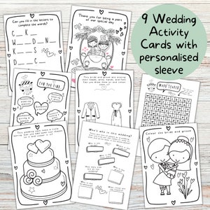 May include: Nine black and white printable wedding activity cards with a personalised sleeve. The cards feature various activities such as word searches, colouring, and drawing. The text on the cards includes "Can you fill in the letters to complete the words?", "Thank you for being a part of our special day", "Can you find...", "This bride and groom are missing their heads, arms, hands, and feet. Can you draw them on and colour them in?", "Who's who in this wedding?", "This wedding cake looks a little boring. Can you add some cool shapes to it and colour it in?", "Word Search", "Colour the bride and groom".
