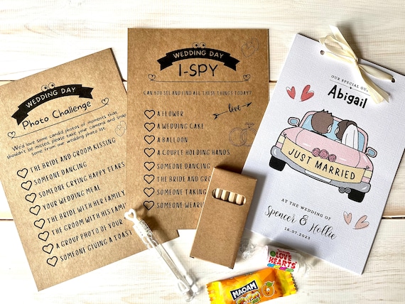 Personalised Kids Wedding Activity Kit With Linen Cover, Pencils, Sweets, Mini Bubbles, Tied With Ivory Ribbon, Kids Wedding Colouring Set