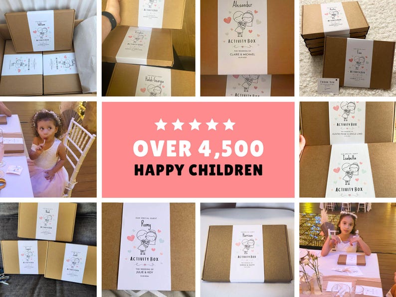 May include: A collection of brown cardboard activity boxes featuring white paper bands with a cartoon illustration of a couple, pink hearts, and the text Activity Box. The boxes are shown in various settings, including at a wedding event.