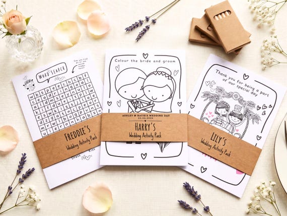 Wedding Activity Pack With Personalised Sleeve, Wedding Gift For Kids, A5 Cards, Kids Wedding Favour, Bridesmaid Gift, Kids Wedding Gift