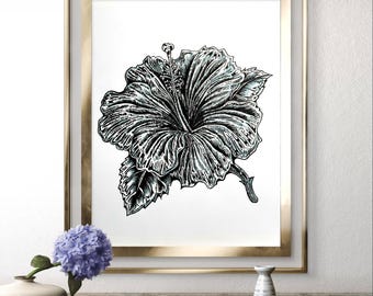 Hibiscus Flower Art Print, Black and White Floral Wall Art, Minimalist Home Decor.