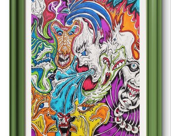 Vibrant Monster Masks Art Print, Colorful Horror Clown Faces, Bold Graphic Design