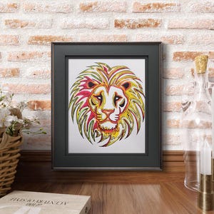 May include: A framed print of a colorful lion's head with yellow, red, and green lines. The lion's mane is stylized and the background is white.