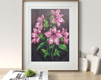 Vibrant Pink Lily Flowers Art Print, Hand-Drawn Botanical Illustration, Black Background Wall Decor