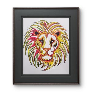May include: A framed illustration of a lion's head with a yellow, red, and green mane. The lion's eyes are black and the background is white.