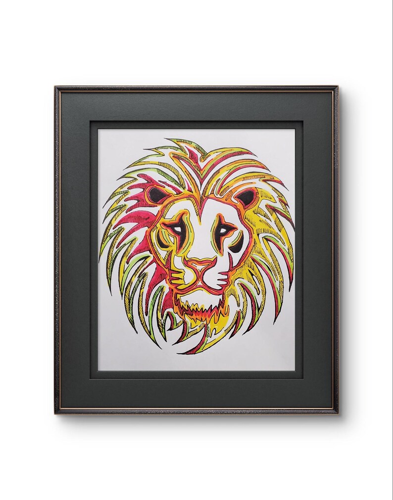 May include: A framed illustration of a lion's head with a yellow, red, and green mane. The lion's eyes are black and the background is white.