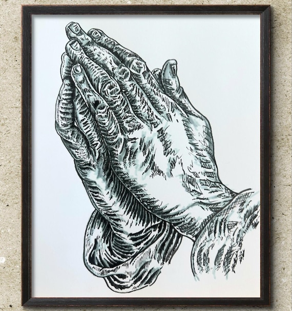Praying Hands Art Print, Black White Ink Illustration, Spiritual Faith Decor
