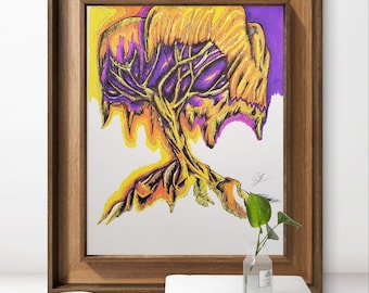 Purple & Yellow Weeping Willow Art Print: Vintage Botanical Wall Decor