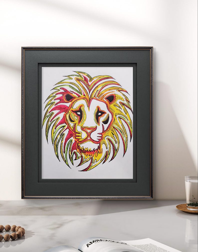 May include: A framed illustration of a lion's head with a colorful, abstract design. The lion's mane is a mix of yellow, red, and green.