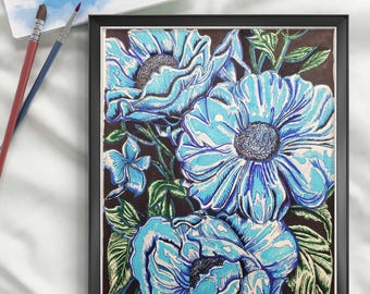 Anemone Flowers Art, Blue Floral, Cottagecore Botanical Print, Modern Hand-Painted Artwork
