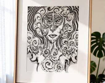 The Mask – Pen and Ink Gothic Art Print, Dark Fantasy Woman Wall Art