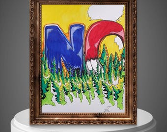 NC Mountain Original Art Print, Hand Painted Colorful Landscape North Carolina Wall Art.