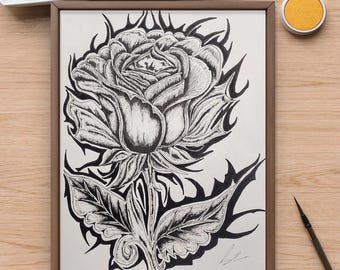 May include: A black and white ink drawing of a rose with intricate details. The rose is framed in a brown wood frame.
