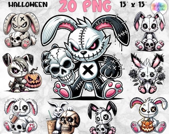 Halloween Bunny PNG Bundle | Creepy Cute Rabbit PNG | Gothic Skull Clipart Set | Stitched Bunny Voodoo Doll | Digital Download