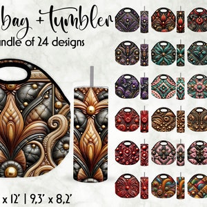 Lunch Bag Sublimation Bundle | 20 oz Tumbler Wrap Bundle | Embossed Leather Texture | 3D Leather with Beads Lunch Bag Print |Digital Print