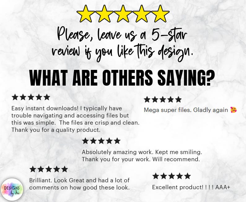 Peut inclure: Image avec le texte : "Please, leave us a 5-star review if you like this design." et "WHAT ARE OTHERS SAYING?" avec des avis clients et des &eacute;valuations par &eacute;toiles. Les avis soulignent la qualit&eacute; et la facilit&eacute; d'utilisation des fichiers num&eacute;riques.