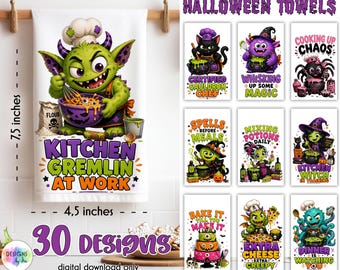 Halloween Kitchen Towel PNG Bundle | Funny Halloween Kitchen Towels | Spooky Cooking Designs | Sublimation PNG | 30 Digital Designs
