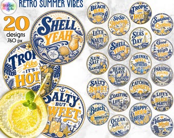 Retro Summer Coaster Bundle PNG, Vintage Beach Coaster Designs, Tropical Drink Sublimation, Coastal Summer Quotes, Round Coaster Printable