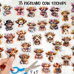Highland Cow Stickers | Cute Cow PNG | Printable Stickers Bundle | Fancy Highland Cow Designs | Digital Download