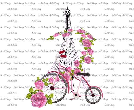 Eiffel Tower, Pink Bicycle & Roses, Sublimation Design, Instant Download, Printable Art, Romance, Travel