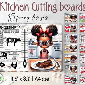 Puede incluir: Tabla de cortar rectangular de cocina con un diseño de chef de dibujos animados, con guías de temperatura de cocción para carne de res, cerdo y pescado. La tabla mide 29.5 x 20.8 cm y muestra el texto "Kitchen Cutting boards".
