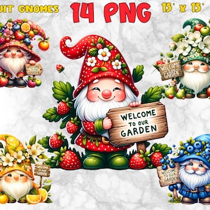 Lot de cliparts nains de jardin | Clipart de nain de fruits | Nains d'été PNG | Nain fraise PNG | Imprimé gnome myrtille | Téléchargement numérique