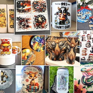 May include: A collection of sublimation designs featuring a variety of themes, including a BBQ grill, a duck, a cow, a cat, a flower, a snake, and a Christmas ornament. The designs are printed on different items, such as mugs, coasters, tote bags, and t-shirts.