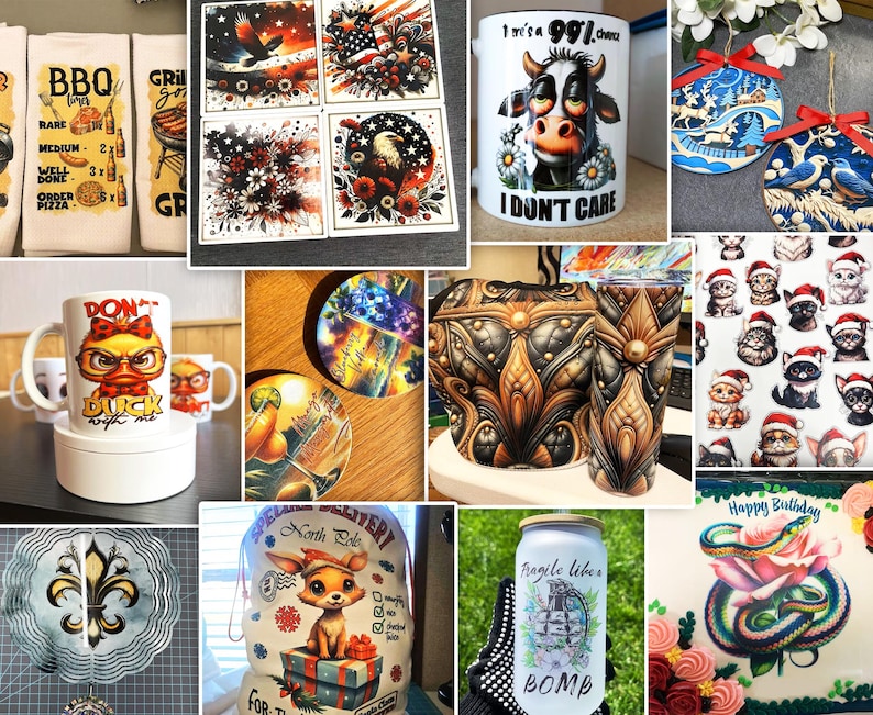 May include: A collection of sublimation designs featuring a variety of themes, including a BBQ grill, a duck, a cow, a cat, a flower, a snake, and a Christmas ornament. The designs are printed on different items, such as mugs, coasters, tote bags, and t-shirts.