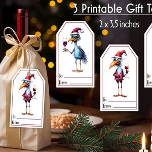Christmas Gift Tags Bundle Wine Bag Gift Tag Funny Chickens with Wine Illustration Printable Christmas Gift Tags Digital Downoad image 2