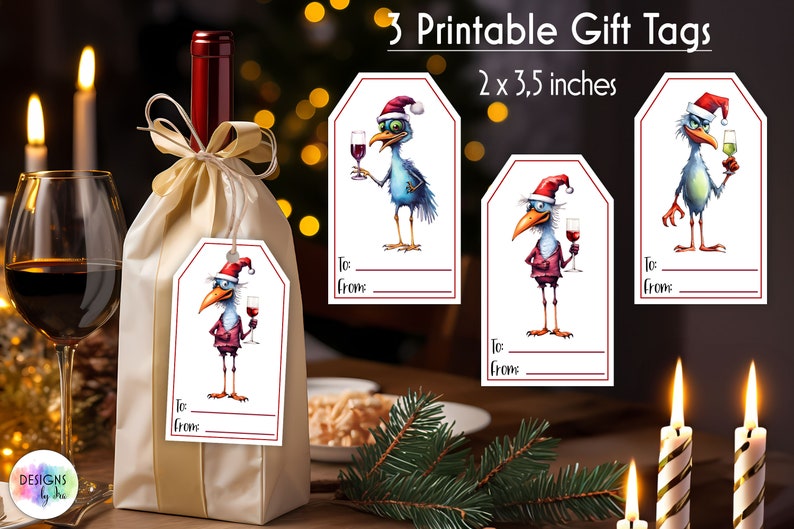 Christmas Gift Tags Bundle Wine Bag Gift Tag Funny Chickens with Wine Illustration Printable Christmas Gift Tags Digital Downoad image 2