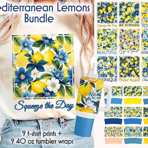Wzory cytryn i niebieskich kwiatów | Mediterranean Lemons PNG | 40 oz Tumbler Wrap | Wzór niebieskich kwiatów cytrynowych | Sublimacja Pobierz