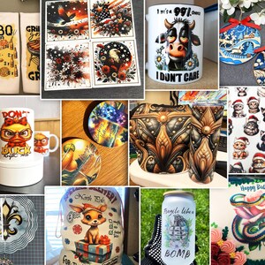 May include: A collection of various sublimation designs featuring a variety of themes, including a BBQ grill, a duck, a cow, a cat, a flower, a snake, and a Christmas ornament. The designs are printed on different items, such as mugs, coasters, tote bags, and t-shirts.