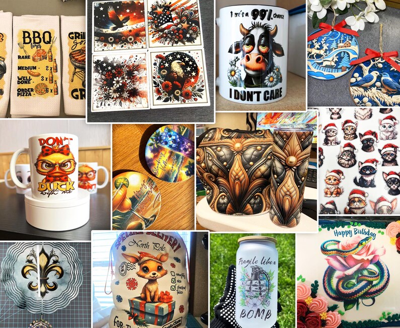 May include: A collection of various sublimation designs featuring a variety of themes, including a BBQ grill, a duck, a cow, a cat, a flower, a snake, and a Christmas ornament. The designs are printed on different items, such as mugs, coasters, tote bags, and t-shirts.