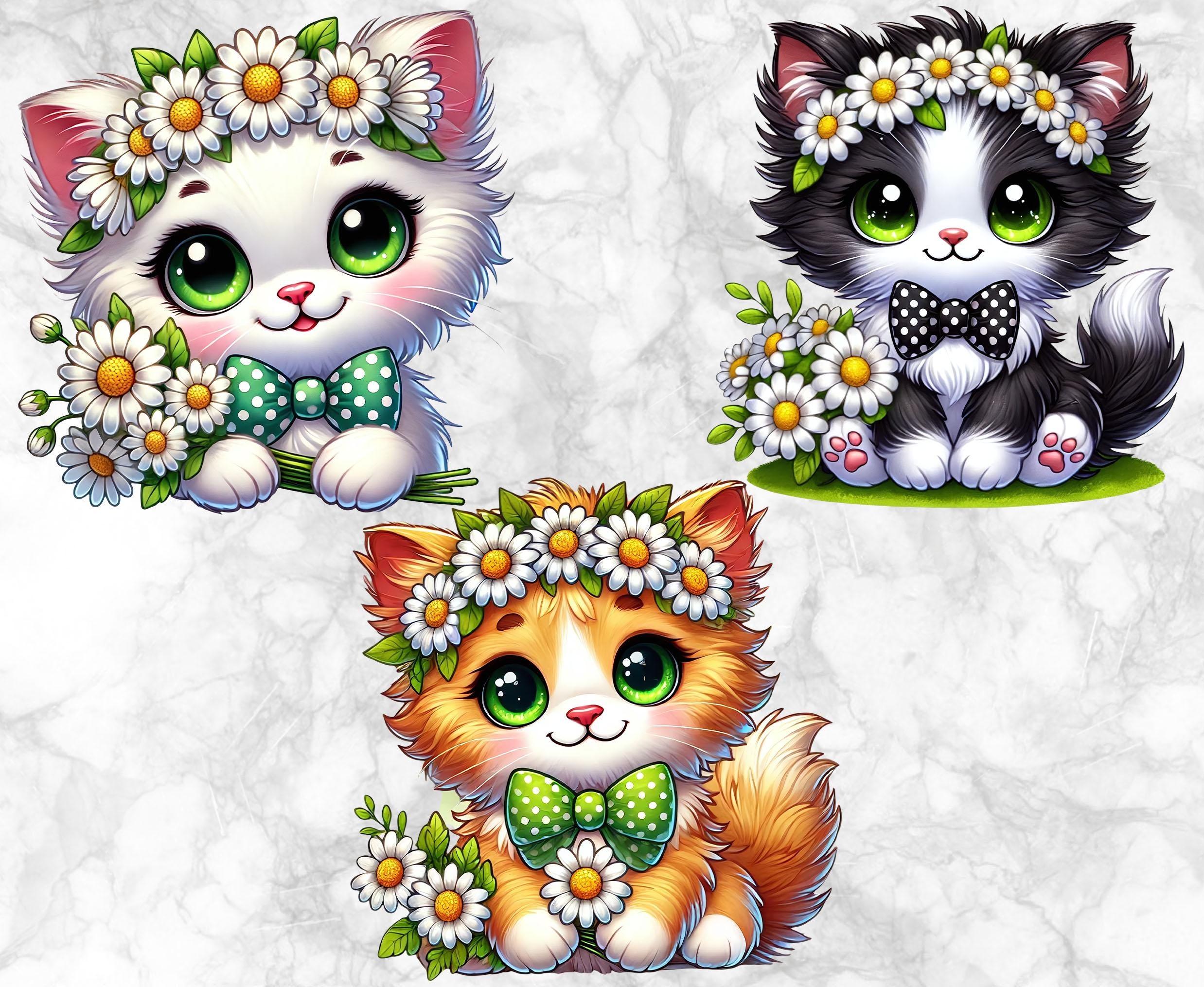 Cute Kitten Clipart PNG, Floral Cat Clipart Bundle, Cute Kittens With ...