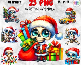 Kerstskeletten PNG-bundel | Grappige skeletten, png-bestand | Leuke vakantie skelet clipart | 25 feestelijk png-bestand | Digitale download