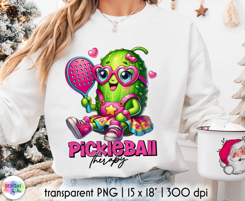 Op de afbeelding: Witte sweatshirt met een cartoon augurkenpersonage met een roze bril en een pickleball-racket. Het ontwerp bevat de tekst "Pickleball Therapy" in het roze. De afbeelding bevat ook een transparante PNG van 38 x 46 cm.