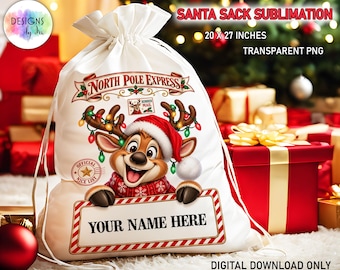 Santa Sack Sublimation, Reindeer Santa Sack Print, Personalized Christmas Sack Sublimation, North Pole Gift Bag Design, Digital Download
