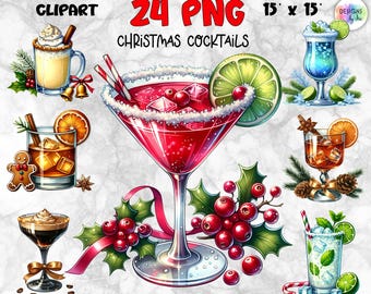 Pack Cocktails de Noël PNG | Clipart boisson festive des fêtes | 24 Cocktail d'hiver PNG | Cocktails de fête de Noël PNG | Téléchargement numérique