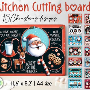 Op de afbeelding: Kerst-snijplanken met diverse ontwerpen. Het hoofdbord toont de kerstman, een rendier, koekjes en een glas melk. Tekst luidt "A drink in case you are thirsty!" en "Our favorite cookies." Het bord is 29.5 x 20.8 cm groot.
