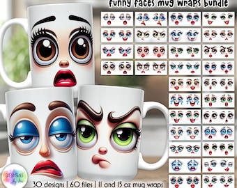 Sarcastic Coffee Mug Wraps | Funny Faces Mug Wrap Bundle | 3D Funny Faces Mug Design | Cartoon Faces PNG | Grumpy Face Mug Print