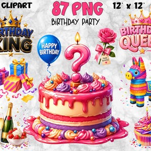 May include: A collection of birthday-themed clipart elements. Includes a cake with a number 2 candle, a piñata, gifts, a balloon, a rose, and text that says "Birthday King" and "Birthday Queen". The image is 12 x 12 inches.