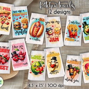 Paquete de toallas de cocina con divertidos juegos de palabras sobre comida para sublimación (descarga digital)
